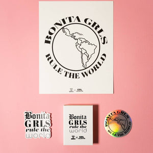 Viva La Bonita GRL Collective collab box. Bonitas run the world poster, sticker, notepad, pens.