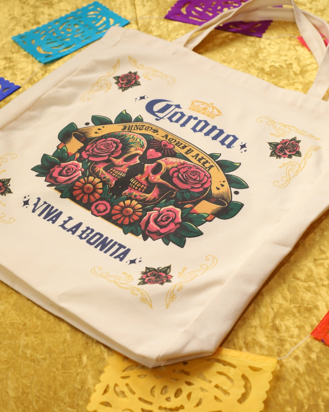 CORONA X VIVA LA BONITA JUNTOS AQUI Y ALLA TOTE BAG