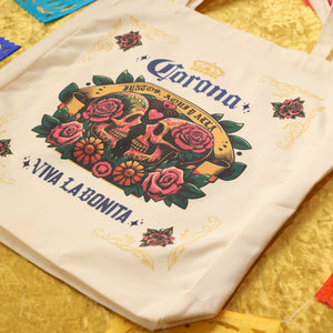 CORONA X VIVA LA BONITA JUNTOS AQUI Y ALLA TOTE BAG