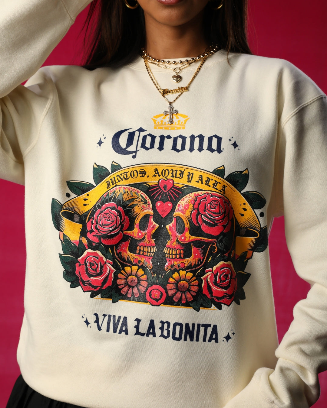 CORONA X VIVA LA BONITA JUNTOS AQUI Y ALLA CREAM CREWNECK SWEATSHIRT