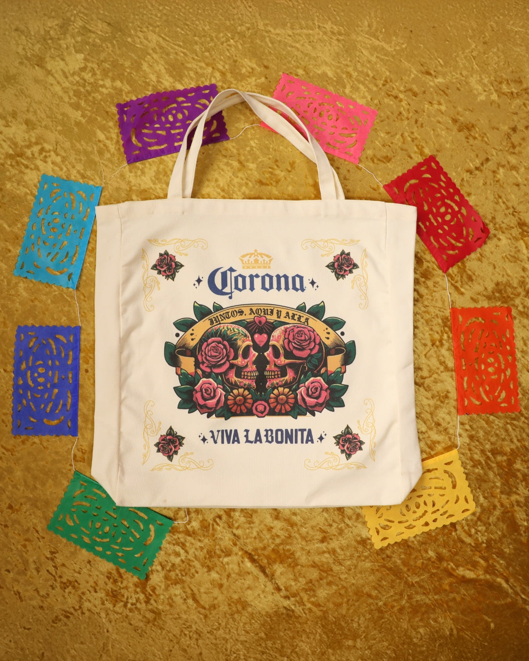 CORONA X VIVA LA BONITA JUNTOS AQUI Y ALLA TOTE BAG