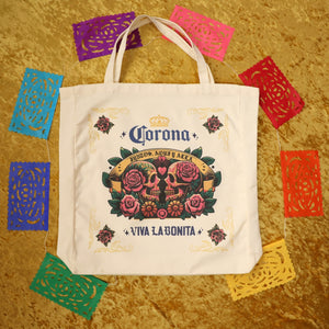 CORONA X VIVA LA BONITA JUNTOS AQUI Y ALLA TOTE BAG