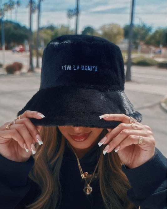BLACK BONITA FAUX FUR BUCKET HAT