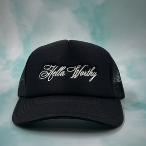 BLACK HELLA WORTHY TRUCKER HAT