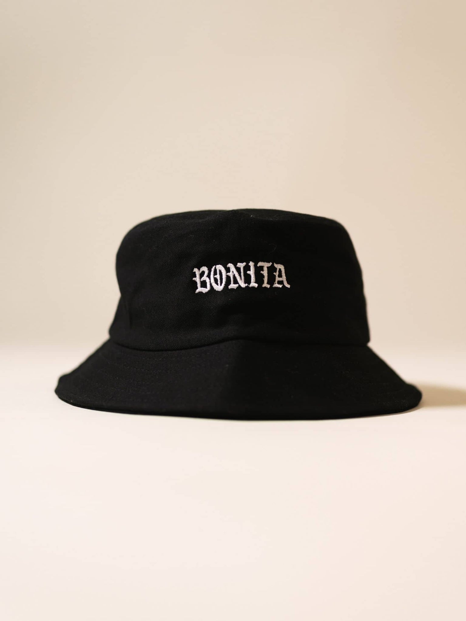 Viva La Bonita Women streetwear black Bonita Bucket hat flatlay.