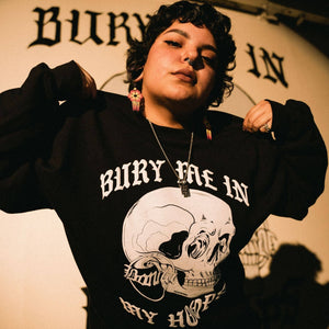 Viva La Bonita black Bury me in my hoops crewneck sweatshirt. Model showing front of Viva la Bonita women streetwear sweatshirt.